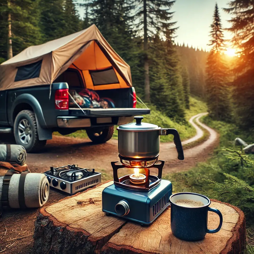 a small butane stove next to a flat bed truck tent