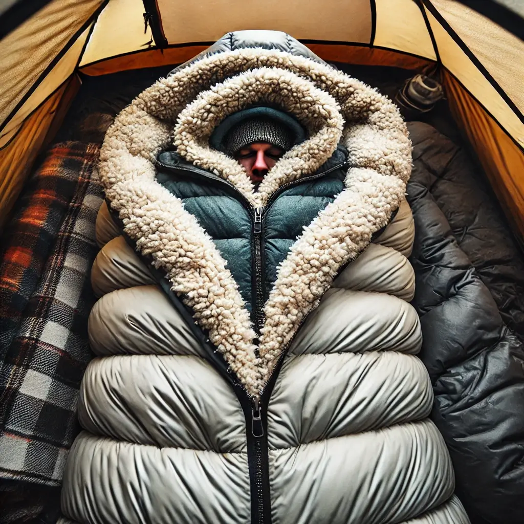 A close-up of a camper inside a mummy-style sleeping bag with a cozy liner.