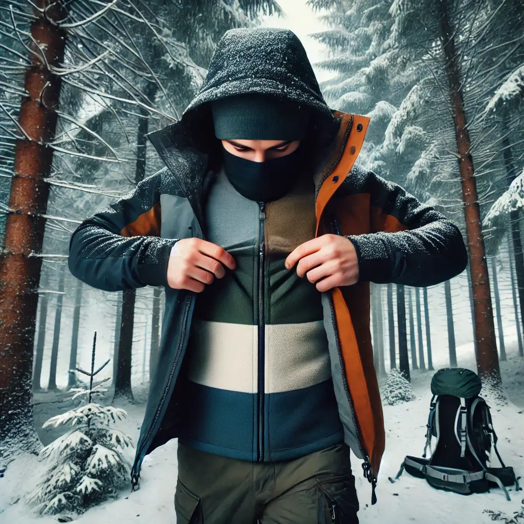 A camper layering up with a base, mid, and outer layer, standing in a snowy forest setting.