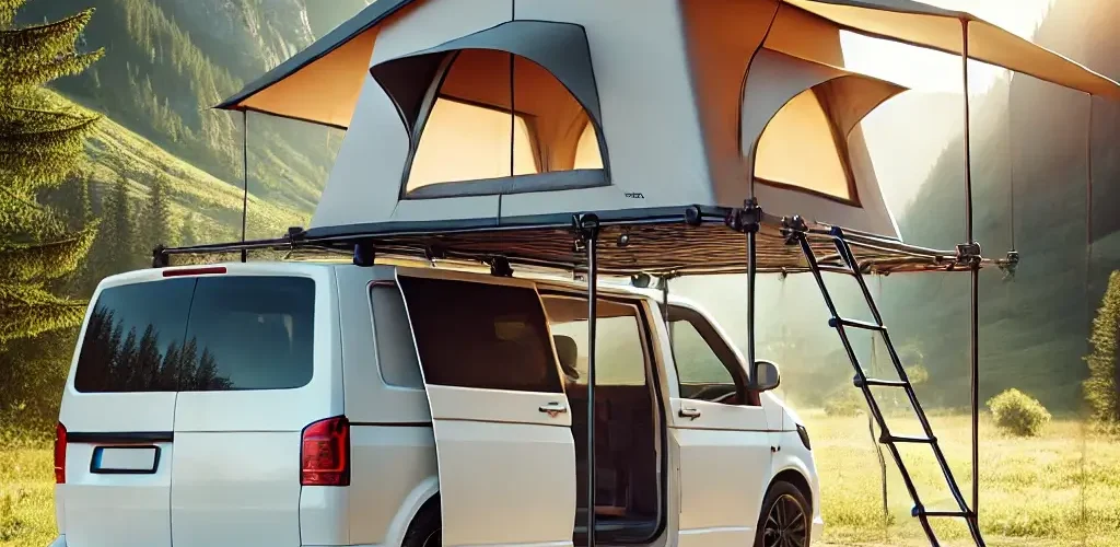 Easy-to-set-up mini van tent connected to the rear of a van in a scenic outdoor area, showing how minimal effort is required for installation.