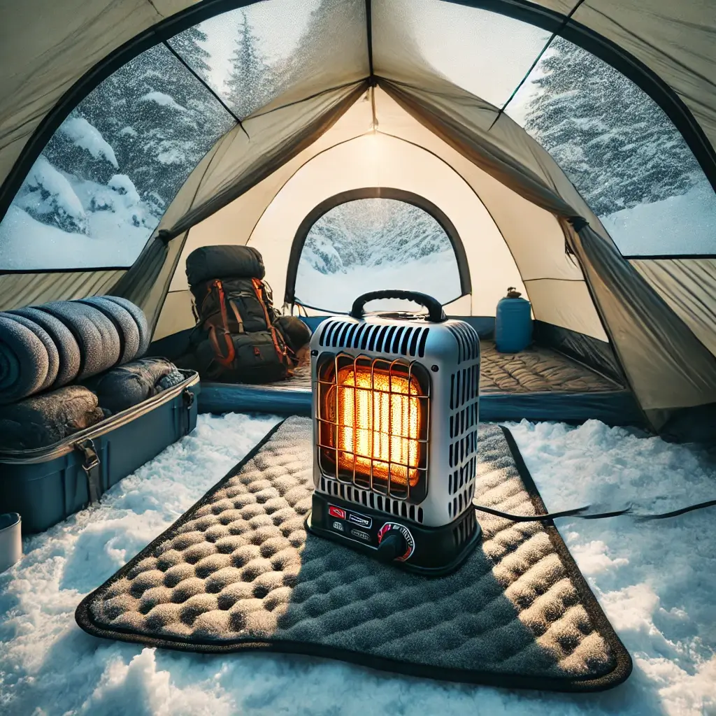 A tent heater setup safely with adequate ventilation inside a winter tent