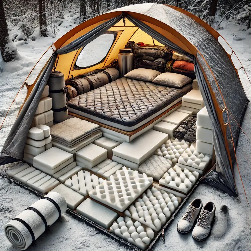 a tent with mattresses and pillows in the snow