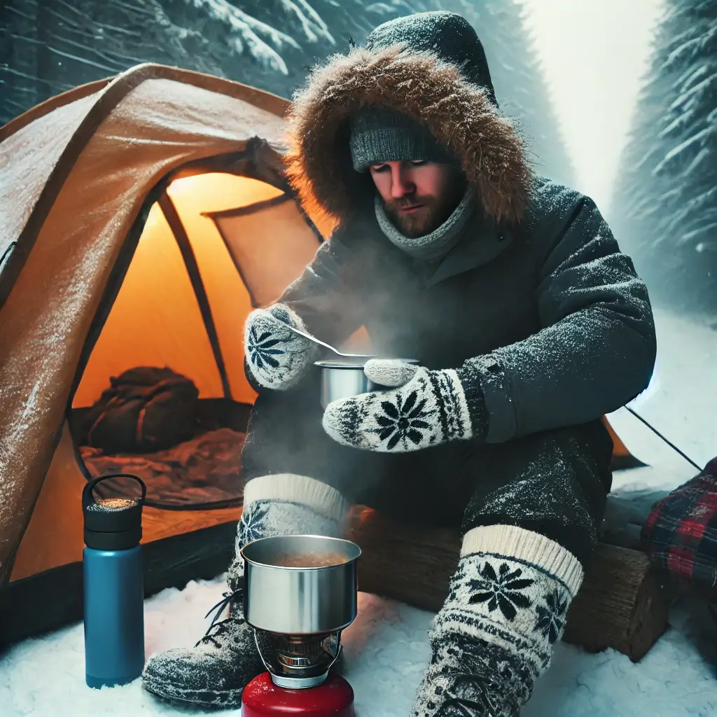 A camper enjoying a warm meal beside a snowy tent setup.